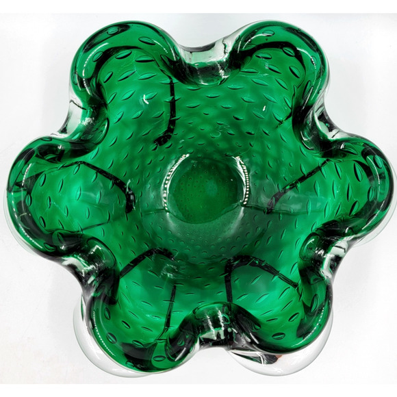 Murano Green Bullicante Controlled Bubble Art Glass Bowl Ruffled Edge 8" Italy - Picture 8 of 9